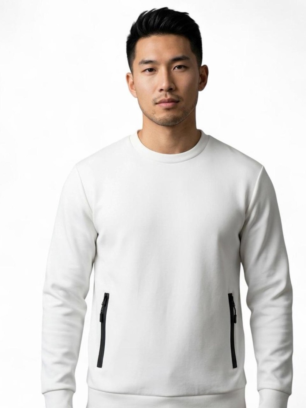Zara Men's White Crewneck Sweater with Black Zip Details